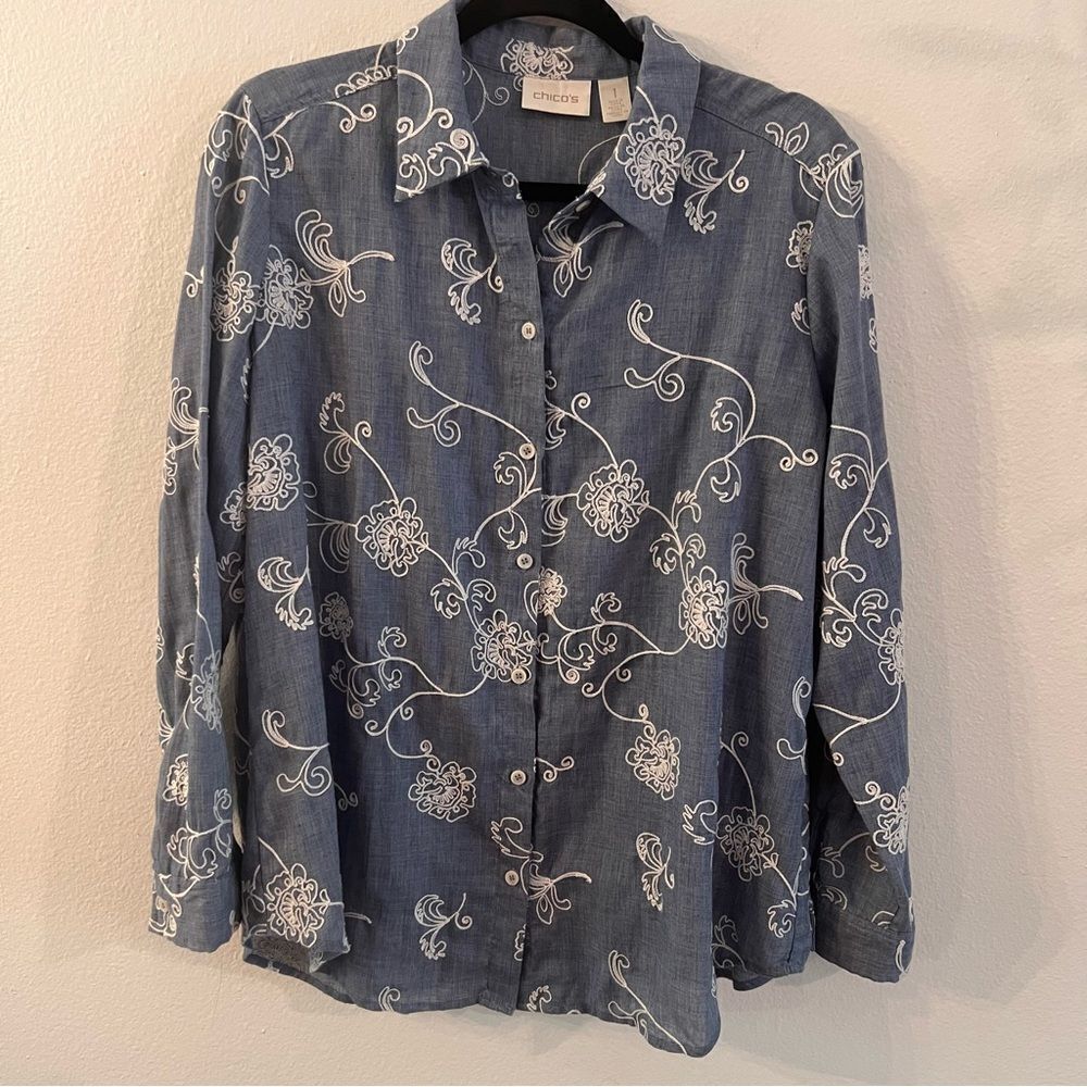 Chico’s Blouse Embroidered Lightweight Blue Size 1 (Medium 8) Long sleeve